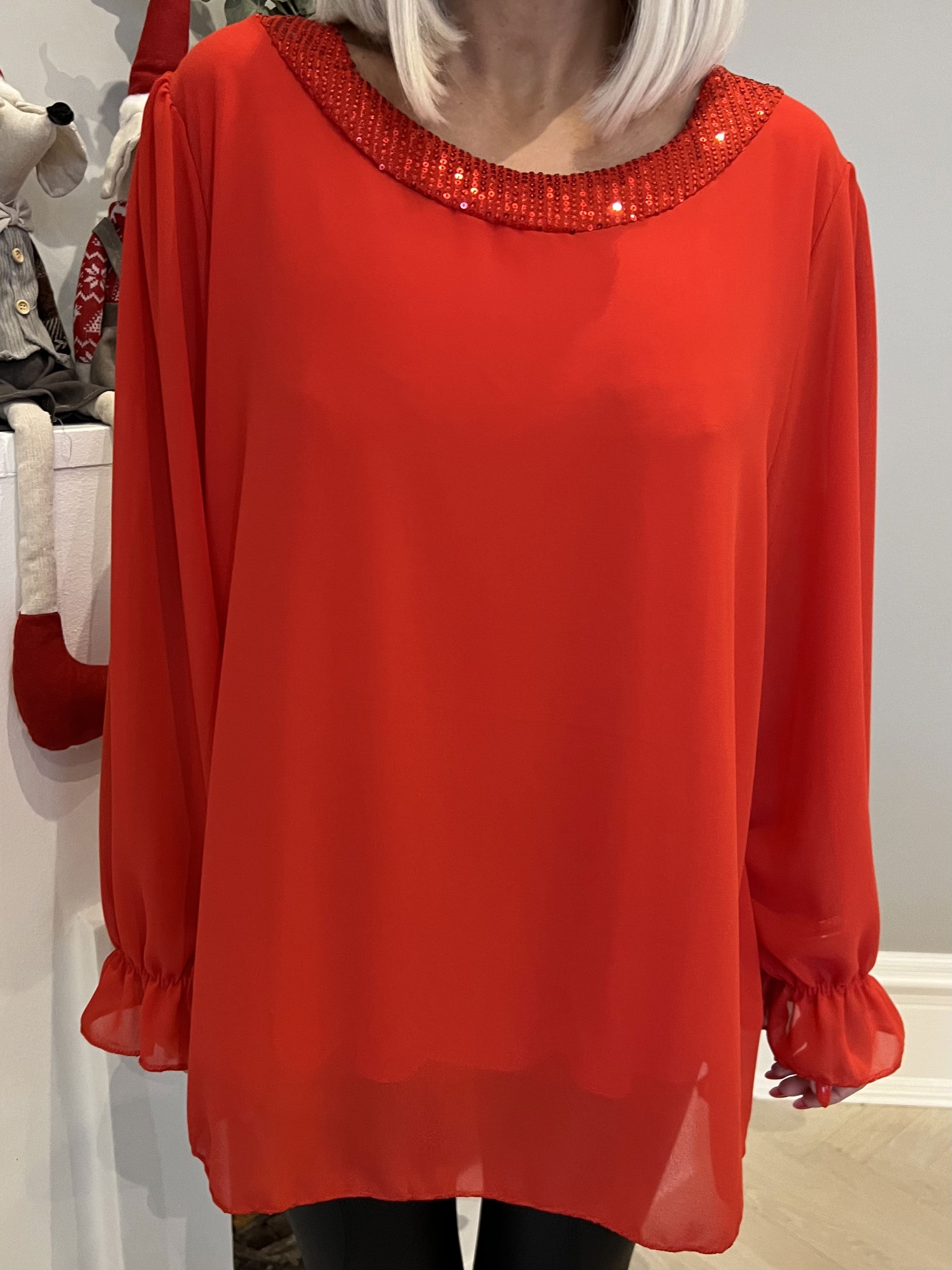 Carnation - Söt tunika i chiffong med paljetter - Red